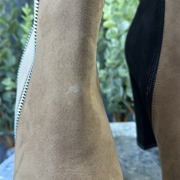 JustFab Remi Black Cream Tan Faux Suede 4.25” Heel Zip Dress Boots WMS 8W✨EUC✨ - Picture 13 of 15